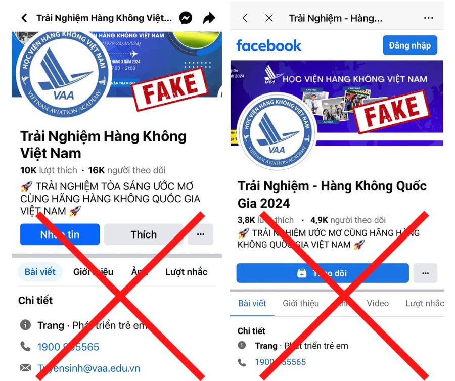 Nhiều Fanpage mạo danh Học viện Hàng không Việt Nam. Ảnh: NTCC
