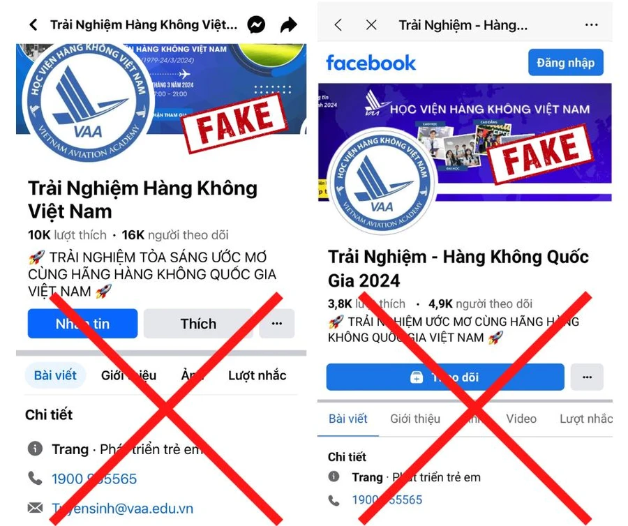 Nhiều Fanpage mạo danh Học viện Hàng không Việt Nam. Ảnh: NTCC