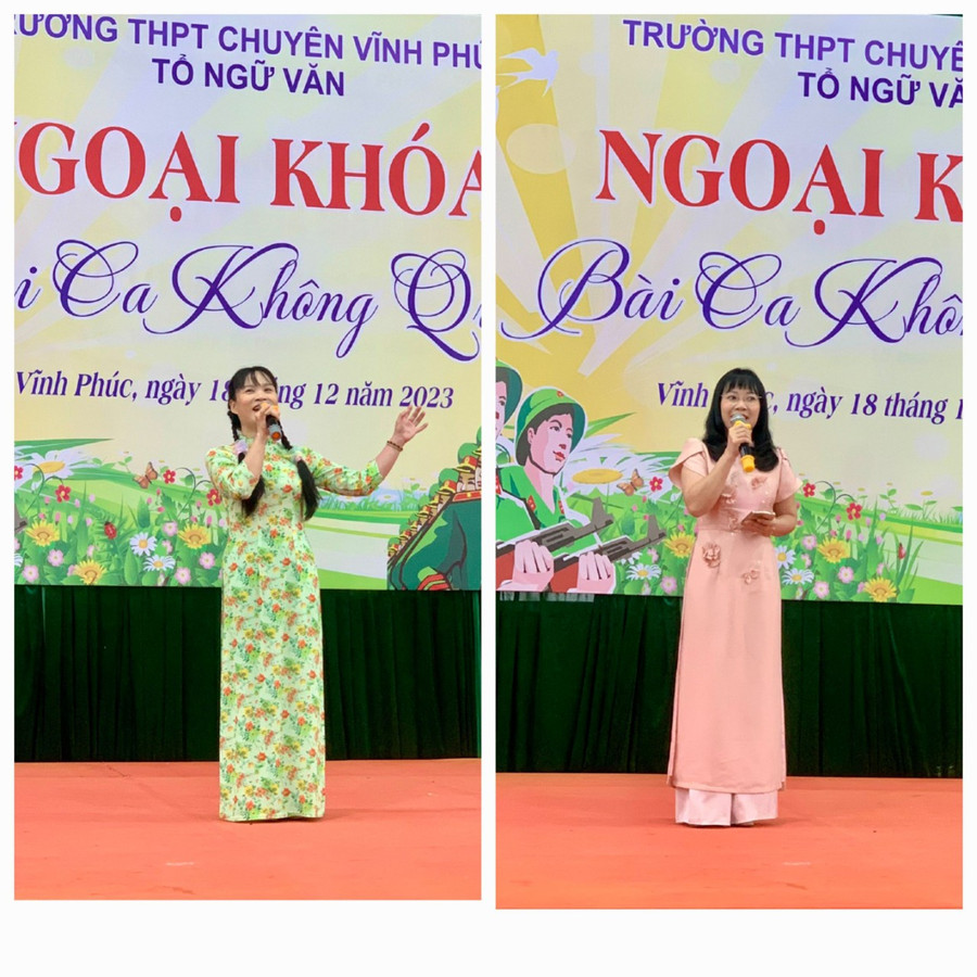 Cô Lê Thị Thu Trang biểu diễn ca khúc “Bài ca không quên” và cô Bùi Thị Hoàng Yến- Tổ trưởng tổ Ngữ Văn dẫn chương trình buổi ngoại khóa.