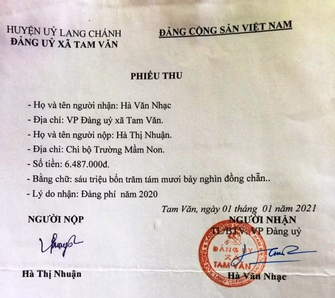 Phiếu thu đảng phí năm 2020 của Chi bộ Trường Mầm non Tam Văn.