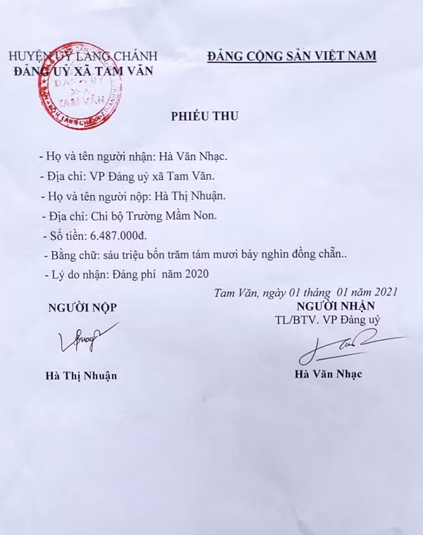 Phiếu thu Đảng phí cả năm 2020 của Chi bộ Trường Mầm non Tam Văn.