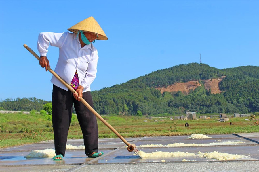 Bà Dương Thị Chúc cần mẫn thu hoạch ruộng muối của gia đình dưới nắng chiều gay gắt.