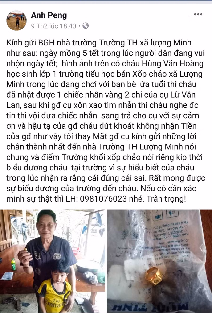 Gia đình gửi lời cảm ơn và thông báo sự việc đến Trường Tiểu học Lượng Minh và điểm ttrị giárường Xốp Cháo