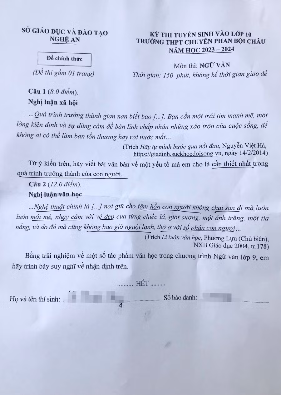 Đề thi môn chuyên Ngữ văn vào Trường THPT chuyên Phan Bội Châu (Nghệ An) năm 2023. Ảnh: Hồ Lài.