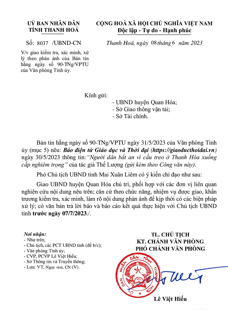 Công văn chỉ đạo của UBND tỉnh Thanh Hóa. Ảnh: TL. Công văn chỉ đạo của UBND tỉnh Thanh Hóa. Ảnh: TL.