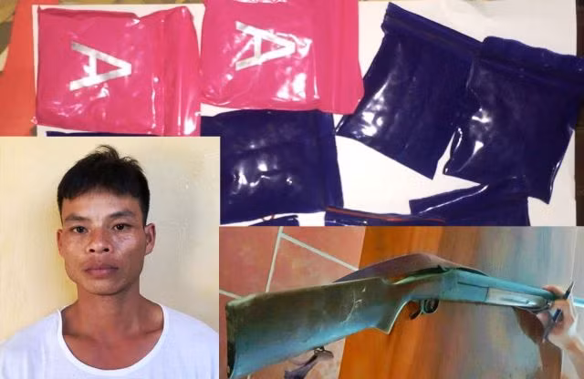 Đinh Công Tròn và tang vật vụ án. Ảnh: Công an Thanh Hóa cung cấp.