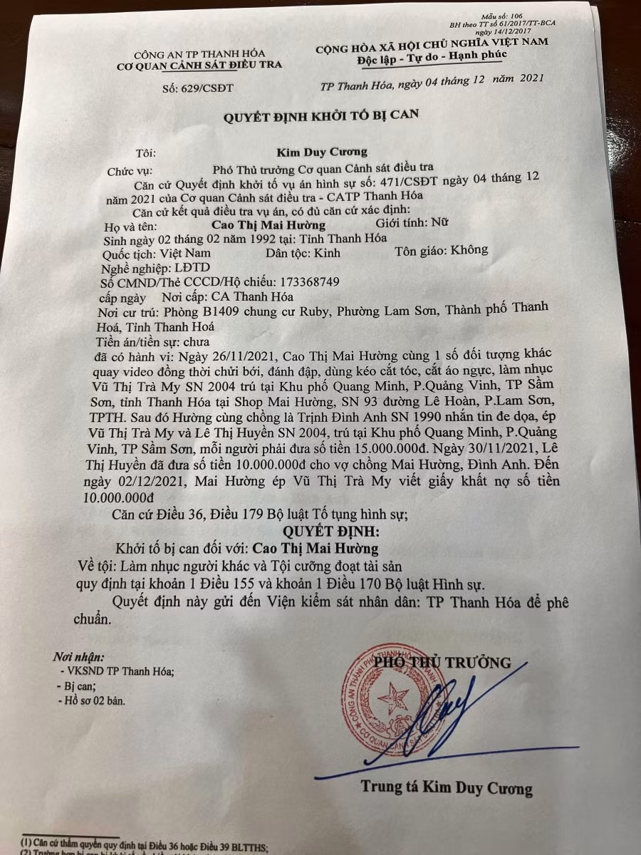 Quyết định khởi tố bị can đối với Cao Thị Mai Hường. Ảnh: Công an cung cấp.