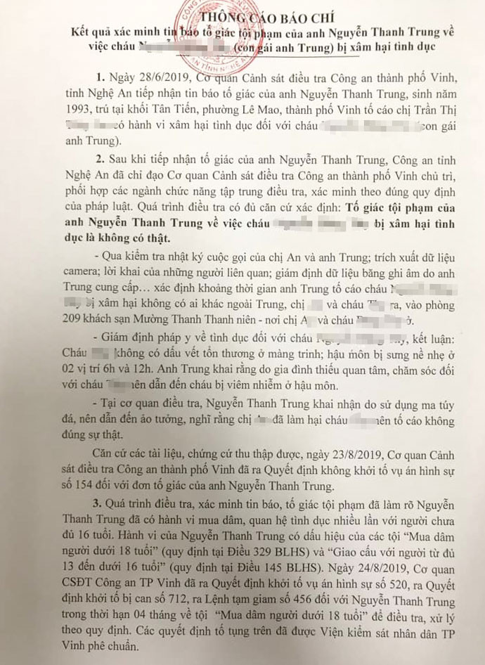 Thông cáo báo chí về toàn bộ sự việc Nguyễn Thanh Trung tố con gái bị xâm hại Thông cáo báo chí về toàn bộ sự việc Nguyễn Thanh Trung tố con gái bị xâm hại