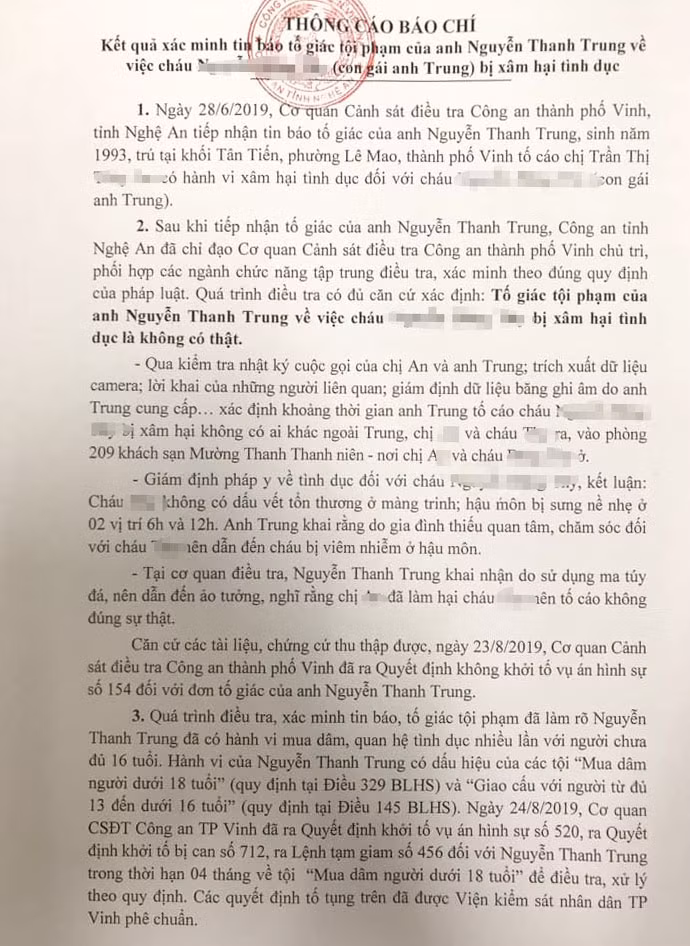 Thông cáo báo chí về toàn bộ sự việc Nguyễn Thanh Trung tố con gái bị xâm hại