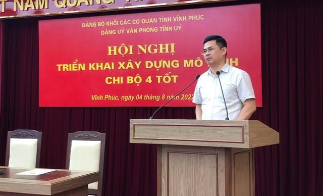 Ông Trần Việt Cường, Chánh Văn phòng Tỉnh ủy Vĩnh Phúc: "Việc thực hiện hiệu quả mô hình kiểu mẫu Chi bộ bốn tốt là nhiệm vụ thường xuyên, có ý nghĩa rất quan trọng. Các chi bộ trong Đảng bộ xây dựng kế hoạch, chương trình thực hiện đảm bảo nội dung cụ thể, thiết thực, hiệu quả, có tính khả thi cao để hoàn thành tốt kế hoạch đề ra". Ông Trần Việt Cường, Chánh Văn phòng Tỉnh ủy Vĩnh Phúc: "Việc thực hiện hiệu quả mô hình kiểu mẫu Chi bộ bốn tốt là nhiệm vụ thường xuyên, có ý nghĩa rất quan trọng. Các chi bộ trong Đảng bộ xây dựng kế hoạch, chương trình thực hiện đảm bảo nội dung cụ thể, thiết thực, hiệu quả, có tính khả thi cao để hoàn thành tốt kế hoạch đề ra".
