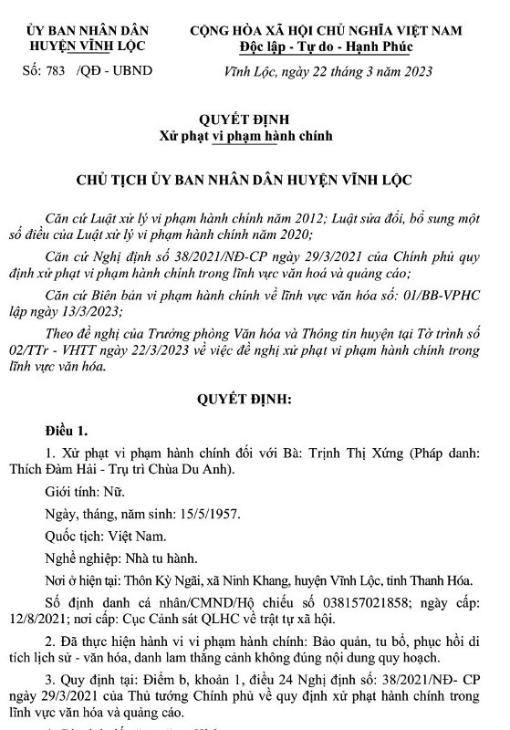Quyết định xử phạt hành chính đối với trụ trì chùa Du Anh. Ảnh: TL. Quyết định xử phạt hành chính đối với trụ trì chùa Du Anh. Ảnh: TL.