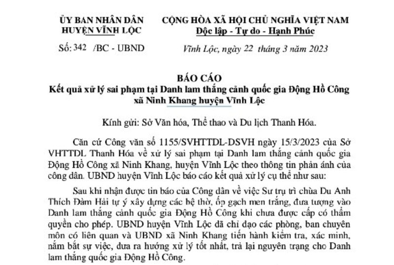 Báo cáo của UBND huyện Vĩnh Lộc. Ảnh: TL. Báo cáo của UBND huyện Vĩnh Lộc. Ảnh: TL.