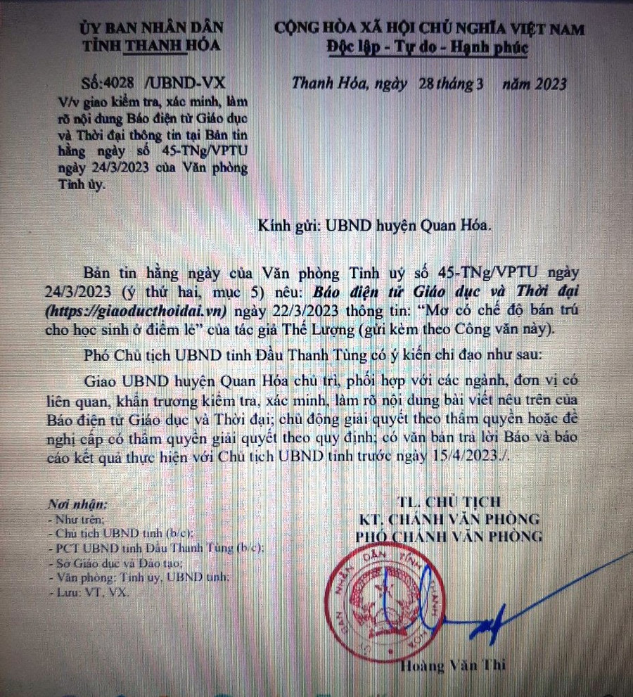 Công văn chỉ đạo của UBND tỉnh Thanh Hóa. Ảnh: TL.