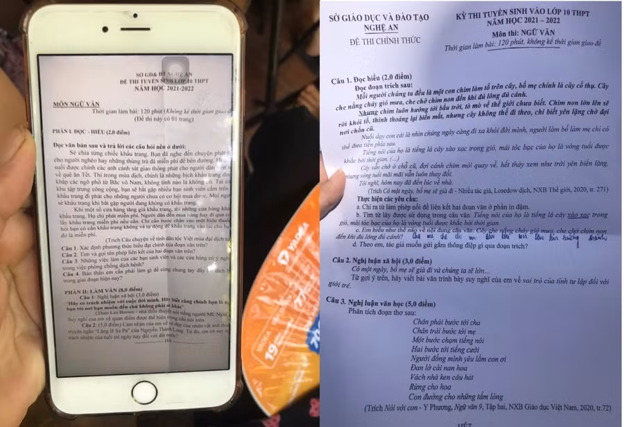 So sánh đề thi môn Ngữ văn giả mạo (bên trái) và đề thi chính thức của Sở GD&amp;ĐT Nghệ An