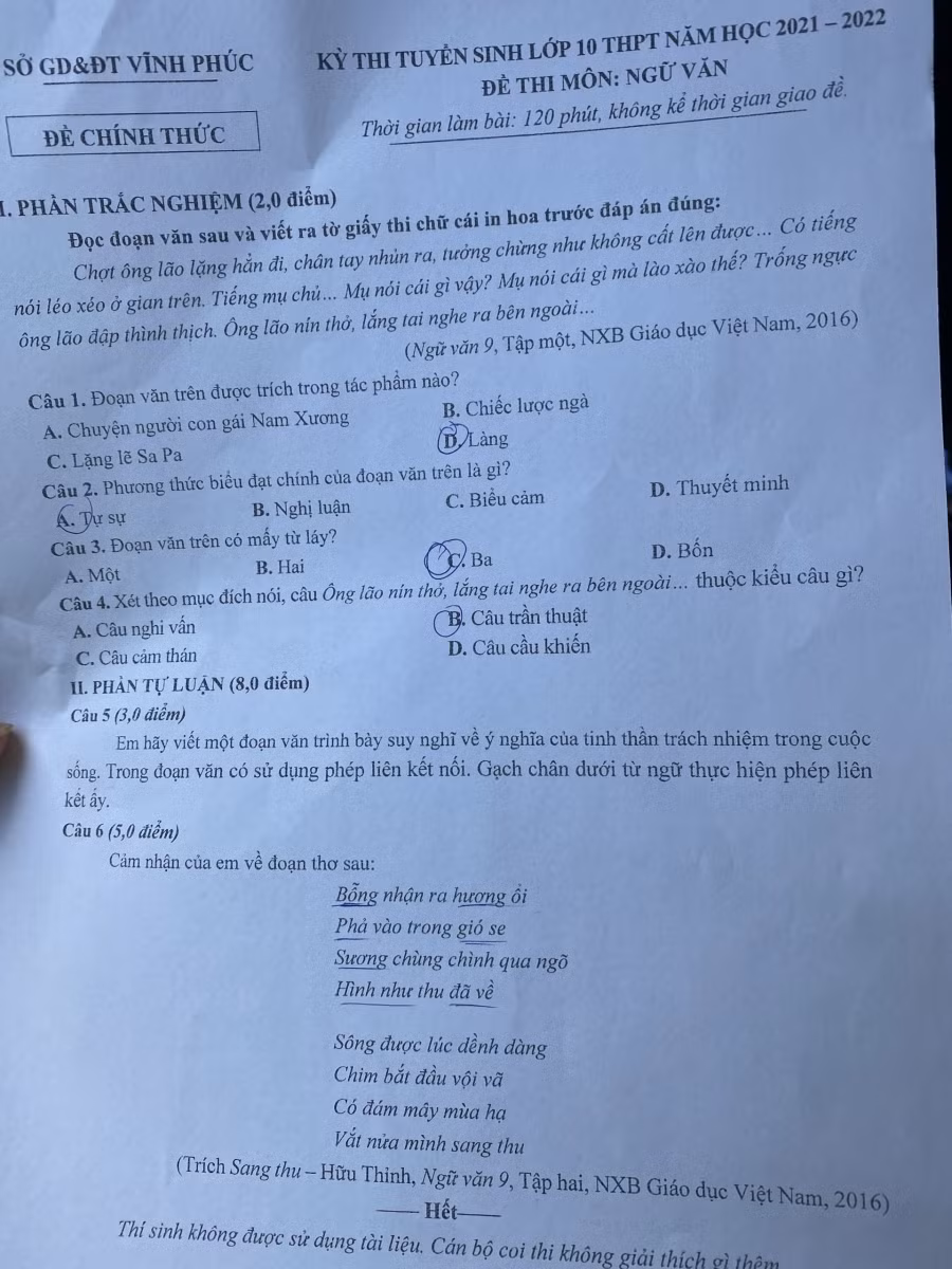 Đề thi Ngữ văn vào lớp 10 năm học 2021-2022 của tỉnh Vĩnh Phúc