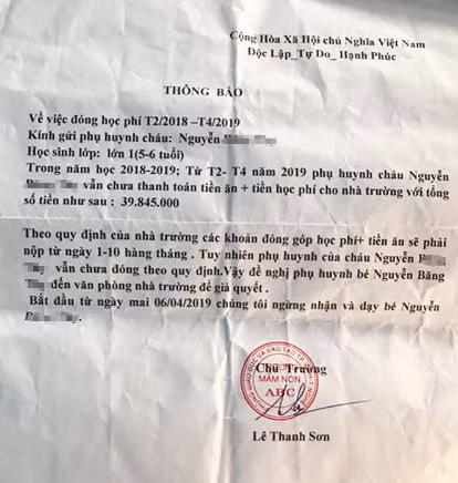 Thông báo ngừng nhận chăm sóc và dạy bé B.T của trường Mầm non ABC (TP Vinh, Nghệ An)