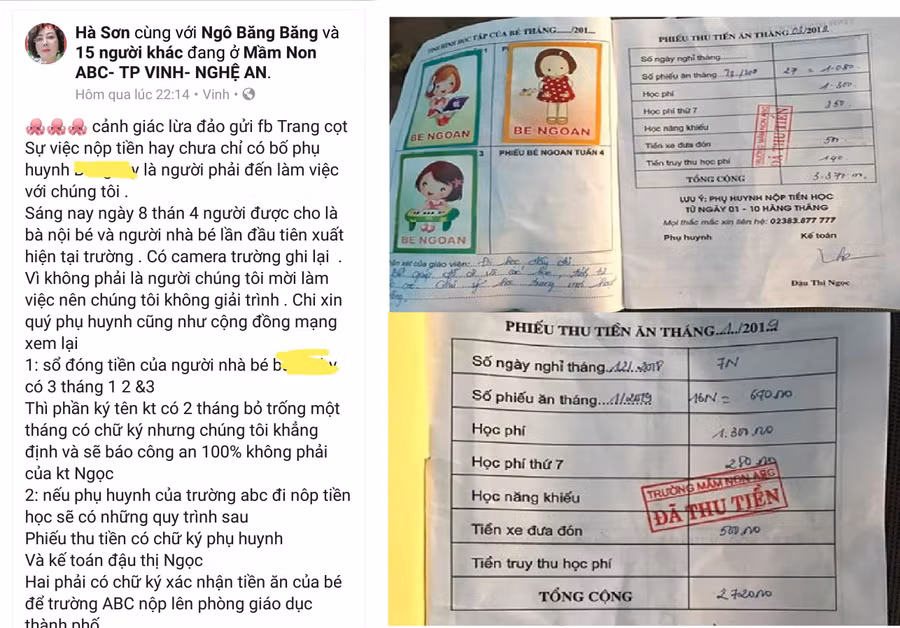 Gia đình đưa ra sổ liên lạc có đóng dấu thu tiền nhưng tài khoản FB được cho là chủ trường lại phủ nhận