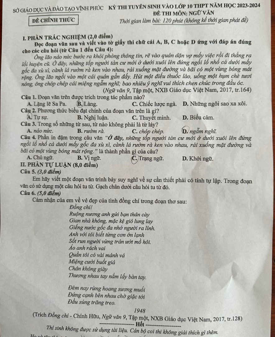 Đề Ngữ văn thi vào lớp 10 năm học 2023-2024 ở Vĩnh Phúc