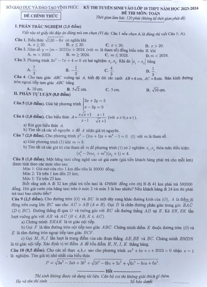Đề Toán thi vào lớp 10 của Vĩnh Phúc gồm 2 phần là Trắc nghiệm (2 điểm) và Tự luận (8 điểm). Tổng số câu hỏi trong đề là 10 câu, trong đó có 1 câu về hình học với 2,5 điểm. Đề Toán thi vào lớp 10 của Vĩnh Phúc gồm 2 phần là Trắc nghiệm (2 điểm) và Tự luận (8 điểm). Tổng số câu hỏi trong đề là 10 câu, trong đó có 1 câu về hình học với 2,5 điểm.