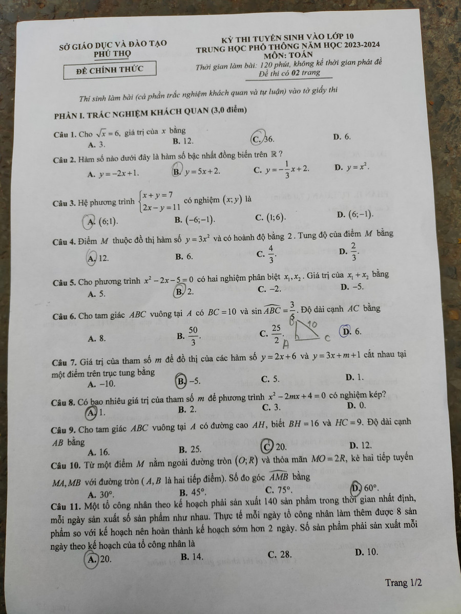 Đề Toán thi vào lớp 10 năm 2023 của Phú Thọ trang 1 (Đề do thí sinh cung cấp).