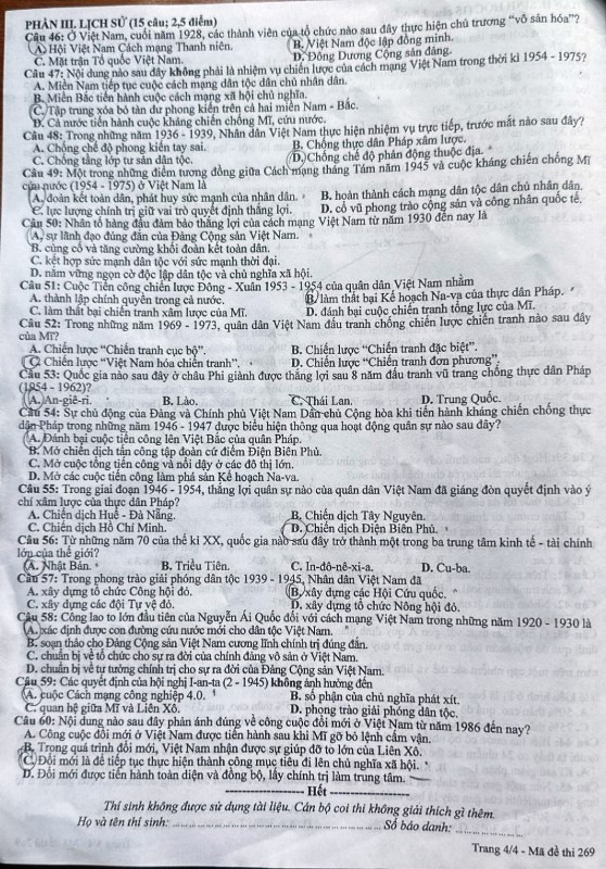 Phần thi Lịch sử gồm 15 câu. Phần thi Lịch sử gồm 15 câu.