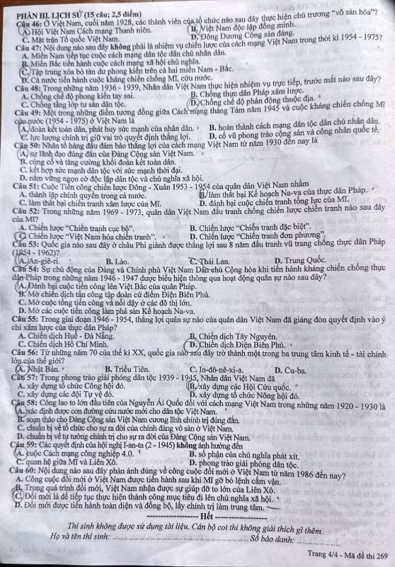 Phần thi Lịch sử gồm 15 câu.