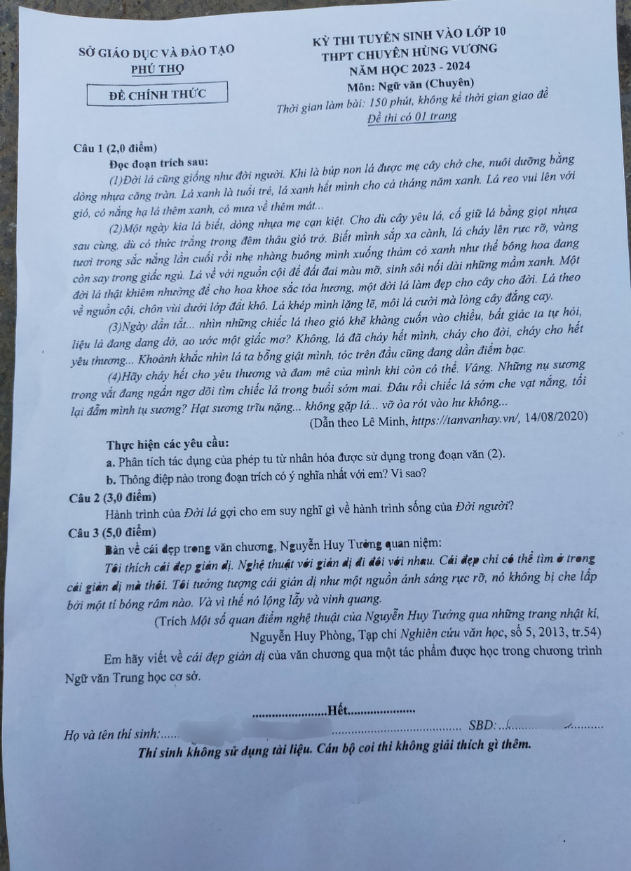 Đề Ngữ văn thi vào Chuyên Hùng Vương Đề Ngữ văn thi vào Chuyên Hùng Vương