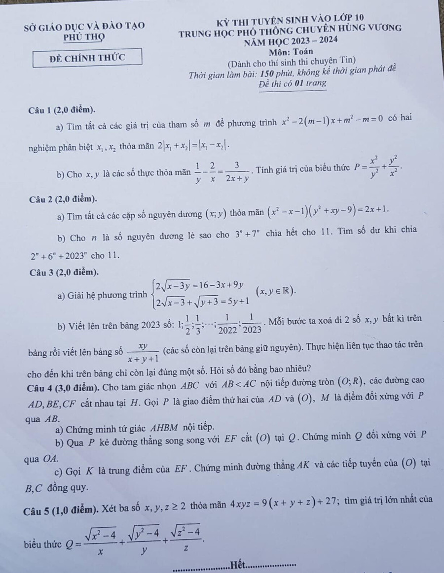 Đề Tin vào lớp 10 Trường THPT chuyên Hùng Vương