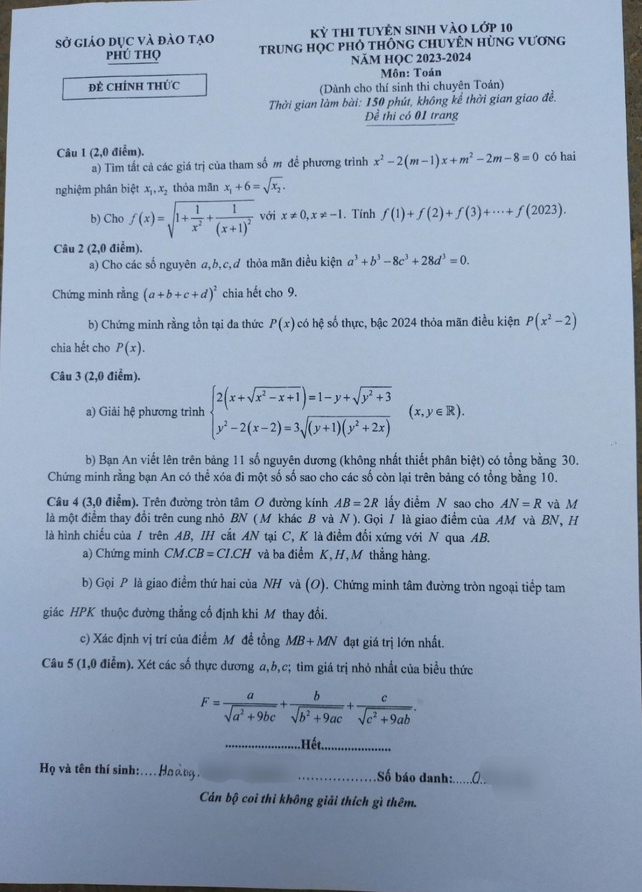 Đề thi vào lớp 10 chuyên Toán Hùng Vương (Phú Thọ) năm học 2023-2024 Đề thi vào lớp 10 chuyên Toán Hùng Vương (Phú Thọ) năm học 2023-2024