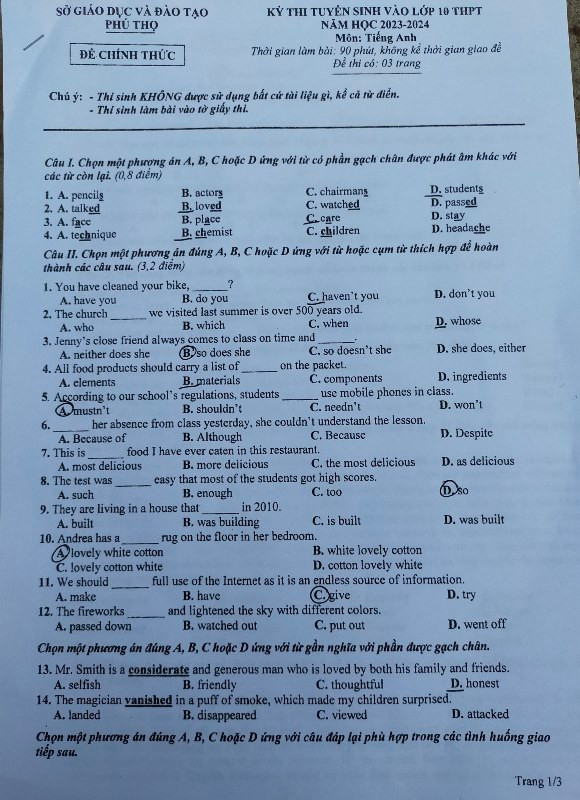 Đề Tiếng Anh trang 1 (Đề do thí sinh cung cấp)