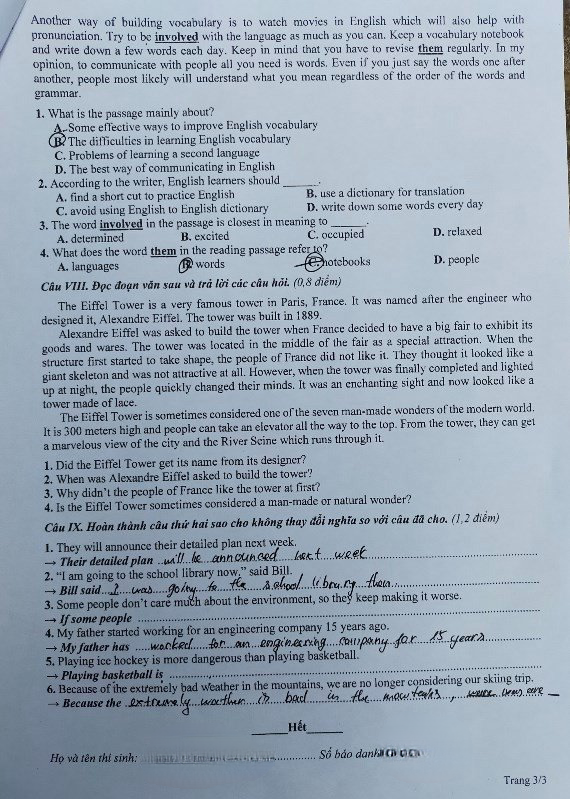 Đề Tiếng Anh trang 3 (Đề do thí sinh cung cấp)