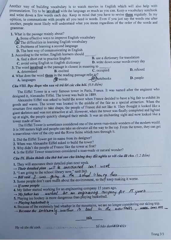 Đề Tiếng Anh trang 3 (Đề do thí sinh cung cấp)