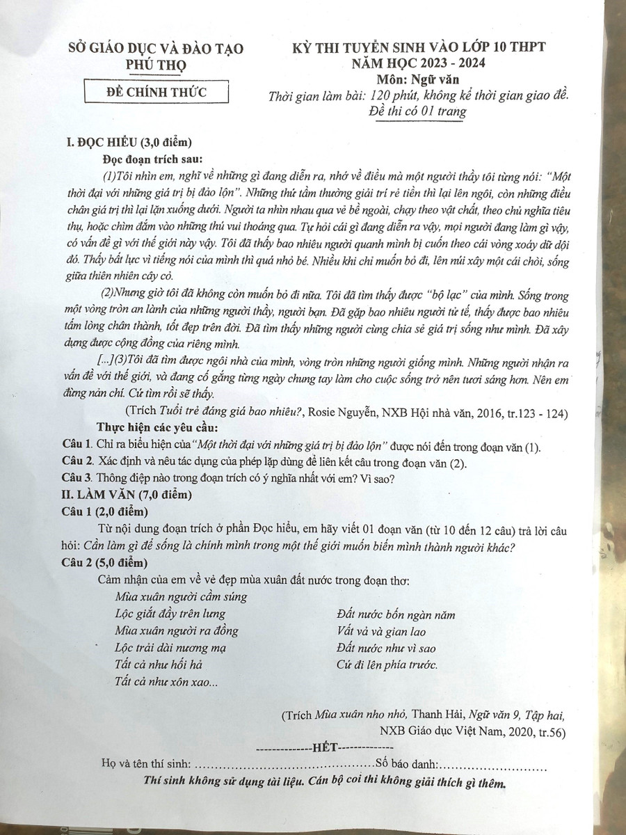 Đề Ngữ văn thi vào lớp 10 năm học 2023-2024 của Phú Thọ Đề Ngữ văn thi vào lớp 10 năm học 2023-2024 của Phú Thọ