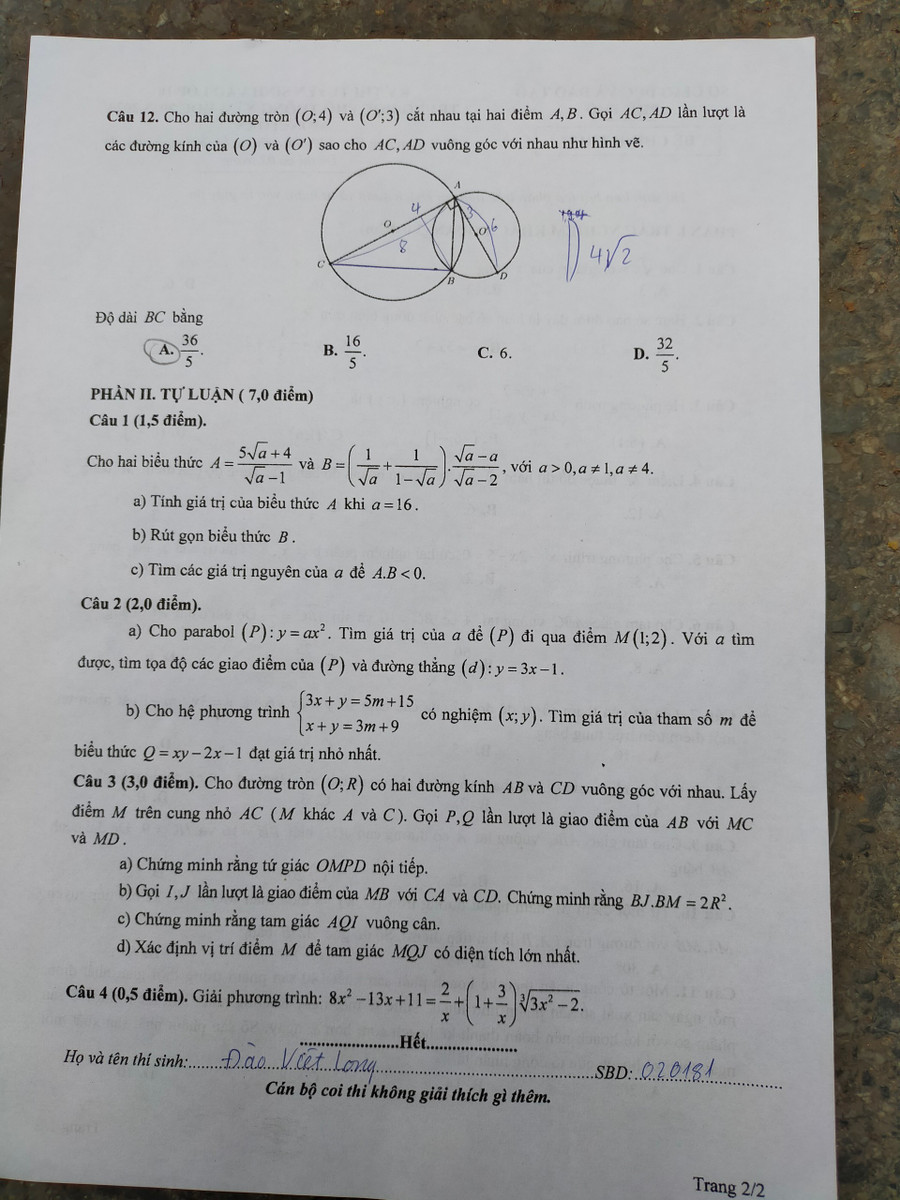 Đề Toán thi vào lớp 10 năm 2023 của Phú Thọ trang 2 (Đề do thí sinh cung cấp).