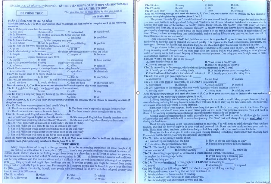 Phần thi Tiếng Anh trong đề Tổng hợp gồm 30 câu hỏi