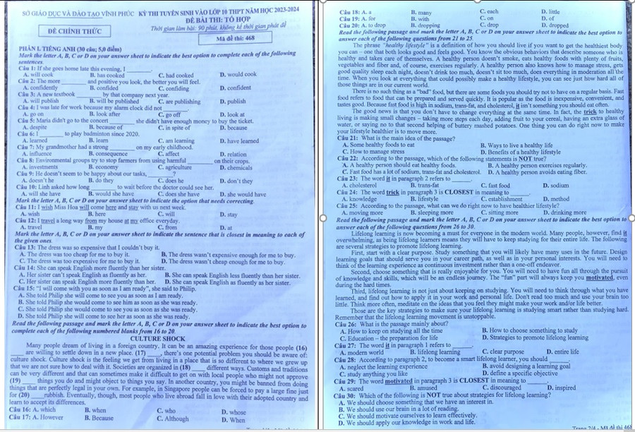 Phần thi Tiếng Anh trong đề Tổng hợp gồm 30 câu hỏi Phần thi Tiếng Anh trong đề Tổng hợp gồm 30 câu hỏi