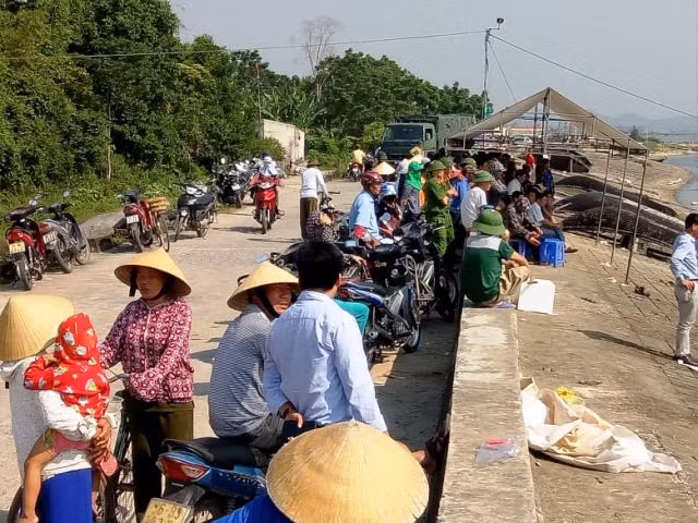 Người dân tập trung ở khu vực neo đậu tàu, thuyền xã Hải Châu (Tĩnh Gia, Thanh Hóa) sau vụ nổ tàu khiến 8 người thương vong.