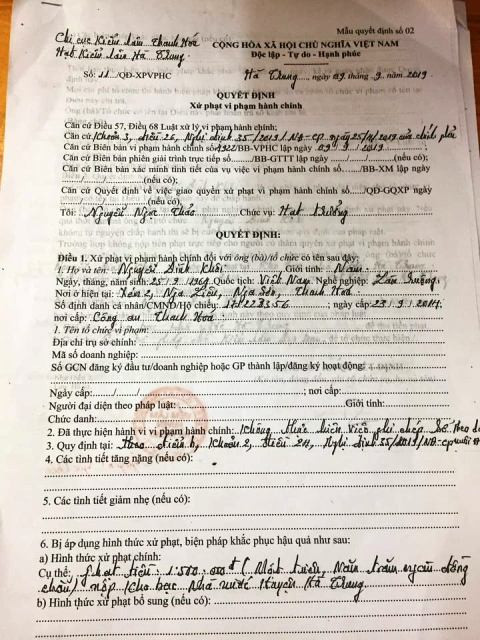 Hạt Kiểm lâm huyện Hà Trung (Thanh Hóa) ra quyết định xử phạt hành chính đối với gia đình ông Khôi.