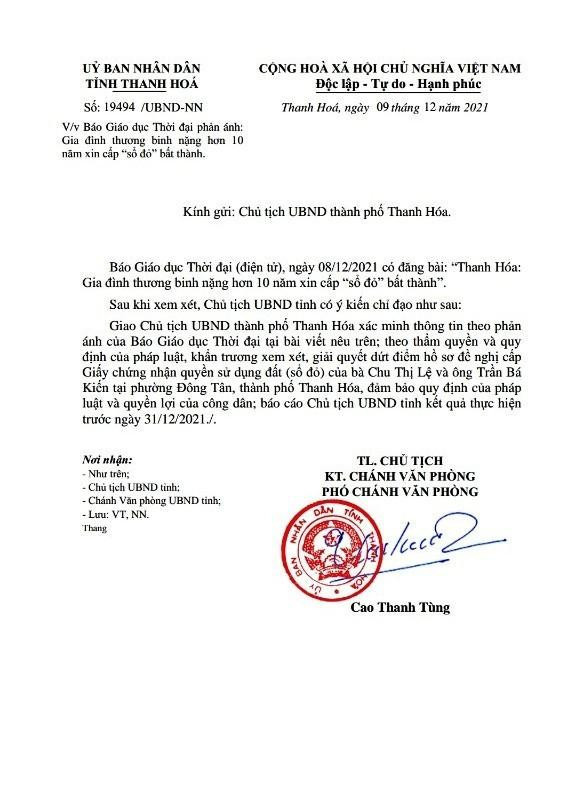 Công văn chỉ đạo của Chủ tịch UBND tỉnh Thanh Hóa.