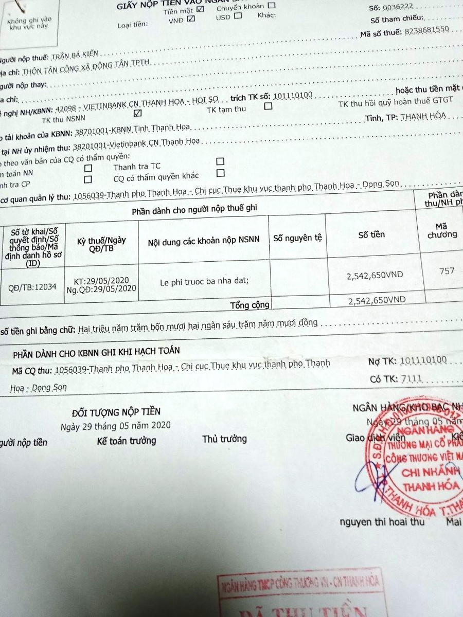 Giấy nộp lệ phí trước bạ nhà đất của bà Chu Thị Lệ được thể hiện từ tháng 5/2020.