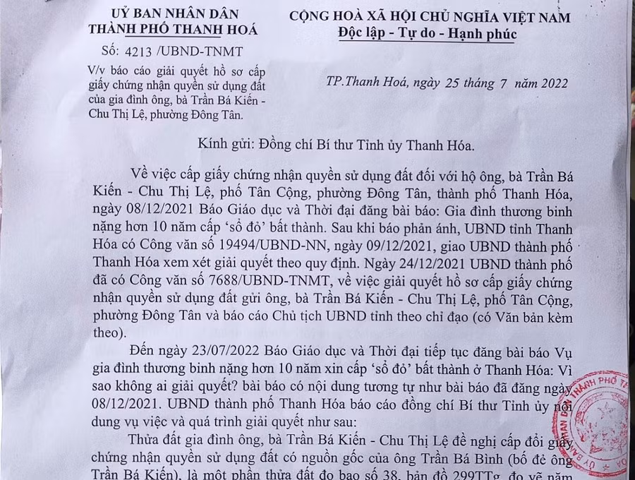 Bản báo cáo giải trình vụ việc của UBND thành phố Thanh Hóa.