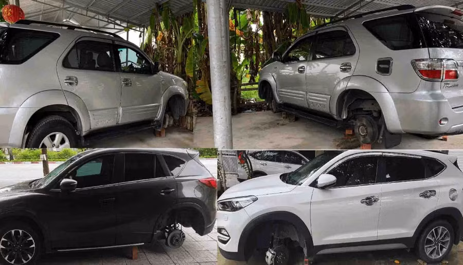 Nhiều ô tô tại TP Vinh và thị xã Cửa Lò, Nghệ An bị tháo lốp. Ảnh: CA TP Vinh