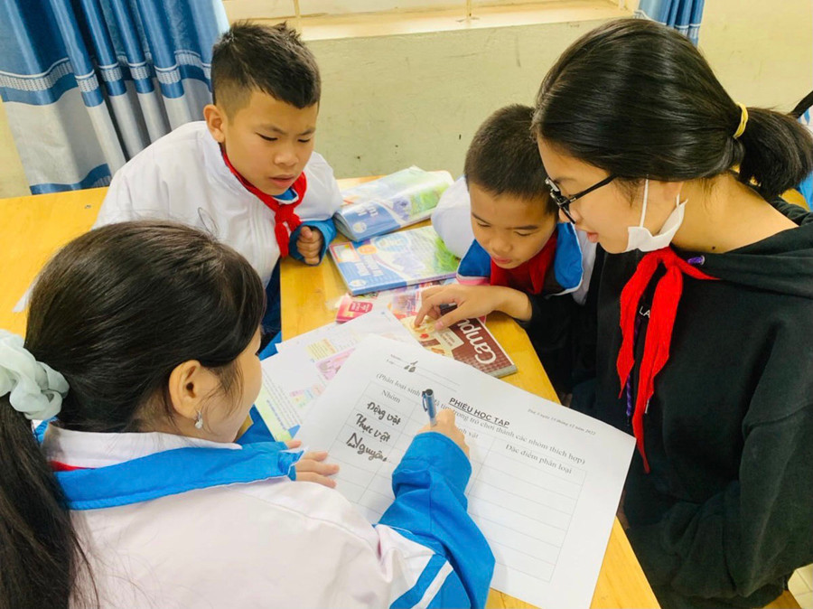 Học sinh lớp 6B, Trường THCS Cù Chính Lan đang tham gia làm việc nhóm trong giờ học môn Khoa học tự nhiên.