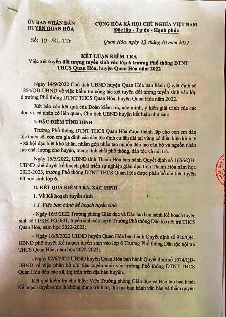 Kết luận kiểm tra vụ việc của UBND huyện Quan Hóa (Thanh Hóa).