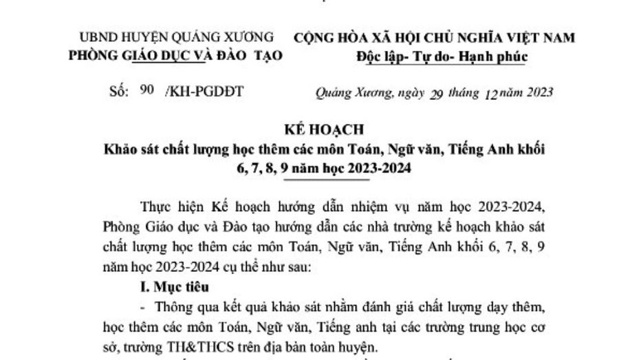 Kế hoạch khảo sát chất lượng học thêm của Phòng GD&ĐT huyện Quảng Xương (Thanh Hóa). Ảnh: TL
