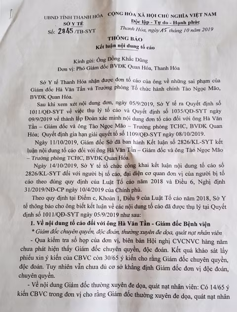 Bản kết luận của Sở Y tế Thanh Hóa.