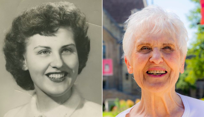 Bức ảnh cuối cấp của Joyce DeFauw từ năm 1955 và khi bà ấy đến thăm khuôn viên trường vào tháng 8 năm 2022. Bức ảnh cuối cấp của Joyce DeFauw từ năm 1955 và khi bà ấy đến thăm khuôn viên trường vào tháng 8 năm 2022.