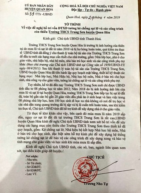 Tờ trình của UBND huyện Quan Hóa gửi lên UBND tỉnh Thanh Hóa về vấn đề của Trường THCS Trung Sơn.