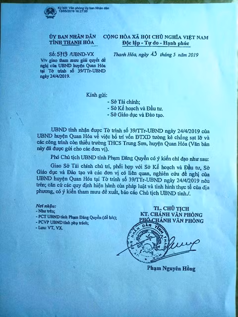 Mặc dù Phó Chủ tịch UBND tỉnh Thanh Hóa Phạm Đăng Quyền cũng đã có ý kiến chỉ đạo Sở Tài chính, Sở Kế hoạch Đầu tư...nghiên cứu đề nghị của huyện Quan Hóa về thực trạng của Trường THCS Trung Sơn. Thế nhưng, hiện nay ngôi trường này vẫn chưa được đầu tư bổ sung các hạng mục còn lại, kể cả nhà vệ sinh cho gần 200 học sinh và giáo viên.