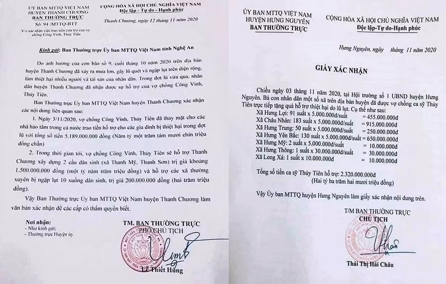 Giấy xác nhận của Ủy ban Mặt trận tổ quốc huyện Thanh Chương và Hưng Nguyên về việc từ thiện của ca sĩ Thủy Tiên.